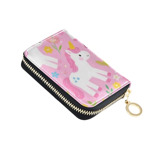 KLL Kartenetui für Damen, niedliches Cartoon-Design, weißes Einhörner, Leder, mit 9 Kartenfächern, RFID-blockierend, kleines Kreditkartenetui mit Reißverschluss von KLL