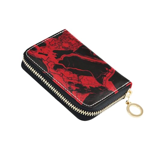 KLL Kartenetui für Damen, unregelmäßige Marmorstruktur, Leder, mit RFID-blockierendem Kreditkartenbuch mit Reißverschluss, Schwarz / Rot von KLL