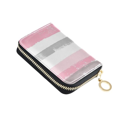 KLL Kartenetui für Damen mit 2 Geldfächern, RFID-blockierend, mit Reißverschluss, Rosa und Hellgrau gestreiftes Muster von KLL