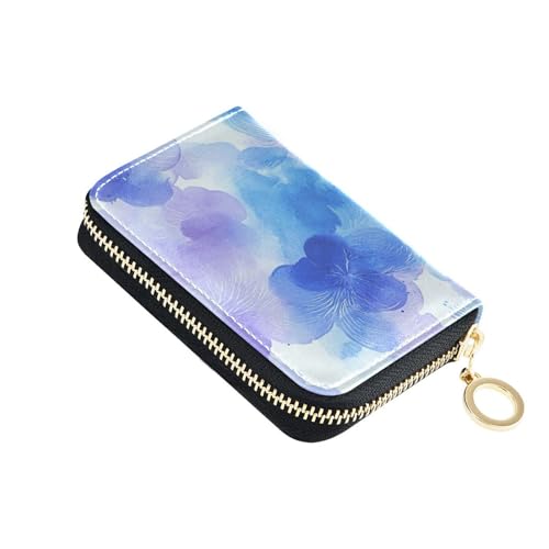 KLL Kartenetui für Damen mit 9 Kartenfächern, RFID-blockierend, mit Reißverschluss, Aquarell-Blau, Blumenmotiv von KLL