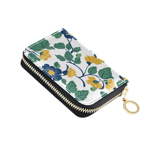 KLL Kartenetui für Herren mit Vintage-Blumenmotiven und grünen Blättern, Leder, mit 2 Geldfächern, RFID-blockierend, Kreditkarten-Organizer mit Reißverschluss von KLL