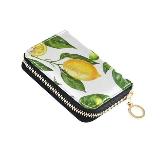 KLL Kartenetui mit Zitronen- und Zitronenbaumblättern, Leder, für Damen, mit 2 Geldfächern, RFID-blockierend, Kartenorganizer mit Reißverschluss von KLL