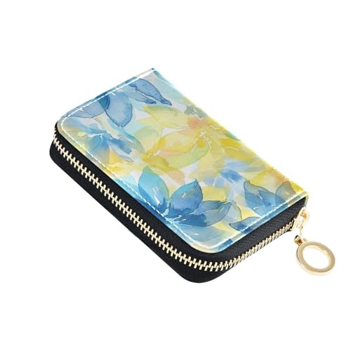 KLL Kartenetui mit abstraktem Aquarell-Blumenmotiv, Zitronengelb, Hellblau, Leder, mit 2 Geldfächern, RFID-blockierend, für Herren mit Reißverschluss von KLL