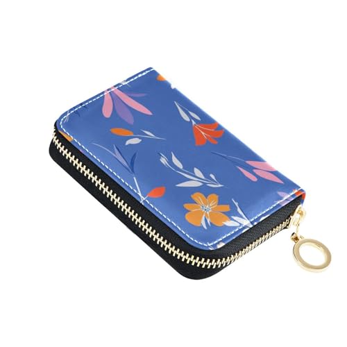 KLL Kartenetui mit blauem Hintergrund, buntes Blumenmuster, Leder, mit 2 Geldfächern, RFID-blockierend, Kartenhalter für Damen mit Reißverschluss von KLL