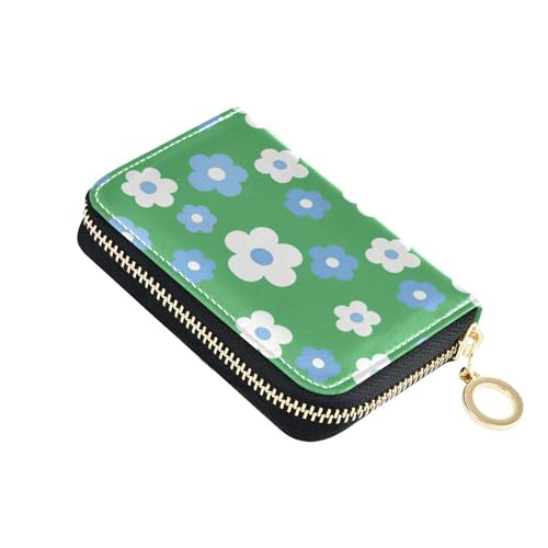 KLL Kartenhalter aus Leder mit grünem Hintergrund, blaue Blumen, mit Zion-Geldbörse, RFID-blockierend, Kartenhalter mit Reißverschluss von KLL