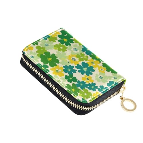 KLL Kleine Blumen Grün Gelb Leder Damen Kartenhalter Geldbörse mit 2 Geldfächern, RFID-blockierendem Kartenhalter mit Reißverschluss von KLL