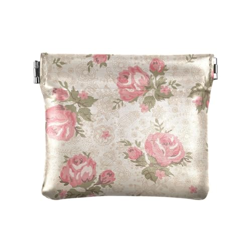KLL Kleine Geldbörse aus PU-Leder, ausgefallene Mini-Münzgeldbörse für Damen, Vintage-Blumenmuster, rosa Bauernhaus, Vintage Flower Floral Pfirsich, 4.33"(L) x 3.74"(W) x 0.39"(H), Drucken von KLL