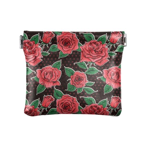 KLL Kleine Geldbörse aus PU-Leder, ausgefallene Mini-Münzgeldbörse für Damen, Vintage-Blumenmuster, rosa Bauernhaus, Vintage-Rosen, Blumen, 4.33"(L) x 3.74"(W) x 0.39"(H), Drucken von KLL