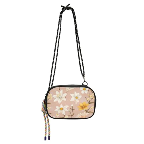 KLL Kleine Geldbörse für Damen, Motiv: Frühlingsblumen, Lilien, Gänseblümchen, rosa Hintergrund, praktisch mit Kreditkartenfächern, über der Schulter, für Wandern, Reisen von KLL