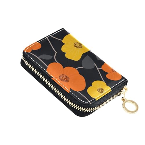 KLL Kleine Geldbörse für Karten mit 9 Kartenfächern, RFID-blockierend, Kreditkartenetui für Damen, mit Reißverschluss, Gelb mit Blumen und schwarzem Leder von KLL