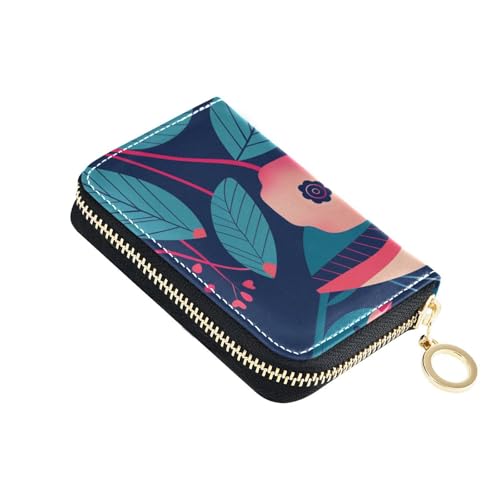 KLL Kleine Geldbörse mit Cartoon-Motiv, Motiv: rosa Blumen, Vögel, blaugrün, Leder, für Damen mit 9 Kartenfächern, RFID-blockierend, Kartenhalter für Damen, mit Reißverschluss von KLL