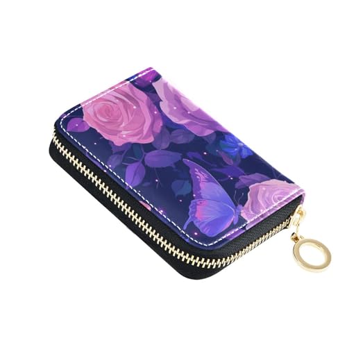 KLL Kleine Kartenetui mit 9 Kartenfächern, RFID-blockierend, mit Reißverschluss, Motiv: Lila Rosen und Blumen von KLL
