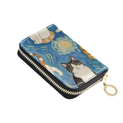 KLL Kleine Kartenetui mit Katzenmotiv, Leder, mit RFID-blockierendem Reißverschluss, Blau von KLL