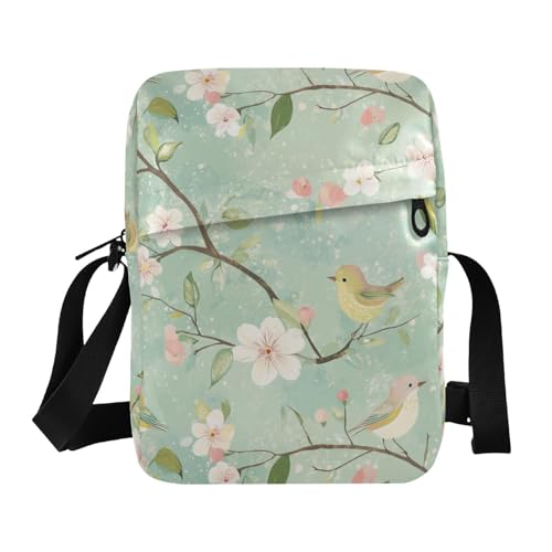 KLL Kleine Kuriertasche für Herren, Motiv: Frühlingsbirnenblüten, Vögel, Grün, veganes Leder, Umhängetasche für Damen, lässige Damen-Schulterhandtaschen von KLL