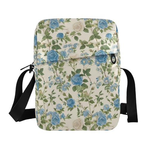 KLL Kleine Kuriertasche für Herren, Vintage-Stil, Blumenmuster, blaue Rosen, veganes Leder, Schultertasche für Damen, Reise-Schulterhandtaschen für Damen von KLL