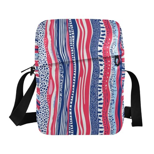 KLL Kleine Kuriertasche für Herren, aus veganem Leder, gestreift, Tribal-Stil, für Reisen, Rot / Blau von KLL