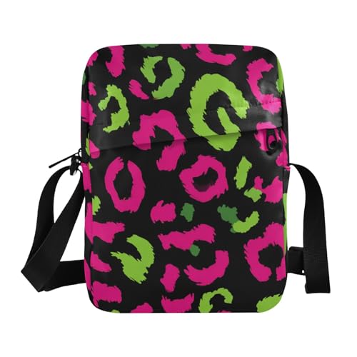 KLL Kleine Kuriertasche für Herren, veganes Leder, Leopardenmuster, neongrün/rosa von KLL