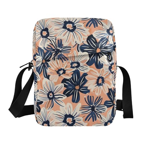 KLL Kleine Kuriertasche für Herren, veganes Leder, Pfirsich- und Marineblaue Blumen, Umhängetasche, für Damen, Reisen, Damen-Schulterhandtaschen von KLL