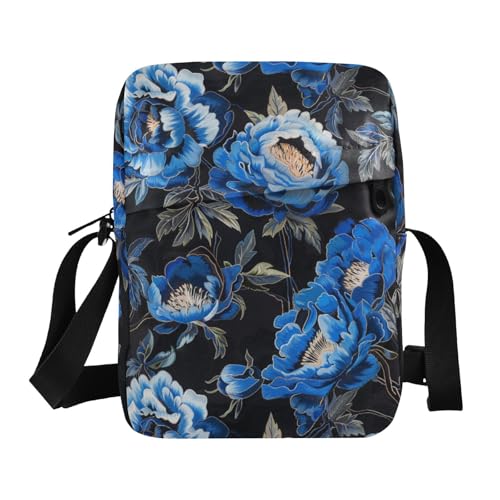 KLL Kleine Kuriertasche für Herren, veganes Leder, mit blauer Pfingstrosen-Stickerei, Einkaufstasche, Handtasche, Schultergurt, Schwarz von KLL