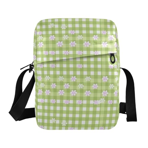 KLL Kleine Kuriertasche für Herren, veganes Leder, mit kleinen Blumen, Grün kariert, für Damen, lässige Damen-Schulterhandtaschen von KLL