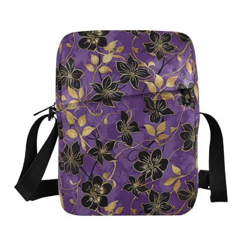 KLL Kleine Kuriertasche für Herren mit violettem Hintergrund, goldfarbene und schwarze Blumen, veganes Leder, Crossbody-Tasche für Damen, lässige Damen-Schulterhandtaschen KLL Kleine Kuriertasche für Herren mit violettem Hintergrund, goldfarbene und schwarze Blumen, veganes Leder, Crossbody-Tasche für Damen, lässige Damen-Schulterhandtaschen von KLL