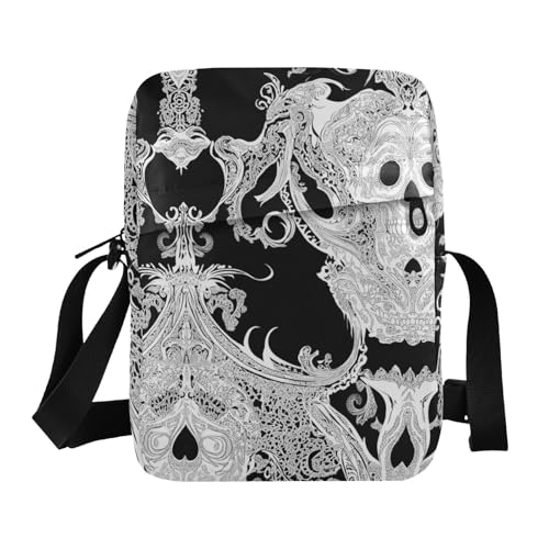 KLL Kleine Kuriertasche mit Totenköpfen für Herren, veganes Leder, Umhängetasche, Einkaufstasche, Schulterhandtasche, Schwarz von KLL