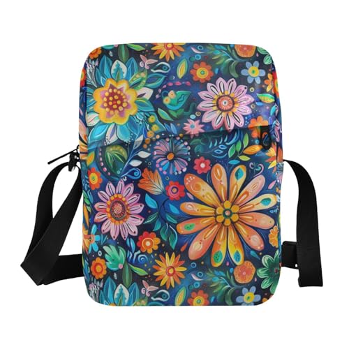KLL Kleine Kuriertasche mit bunten Mandala-Blumen für Damen, veganes Leder, Herren-Umhängetasche, kleine Reise-Schulterhandtasche von KLL