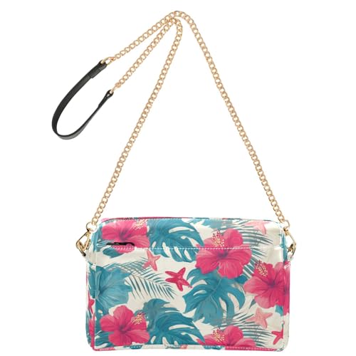 KLL Kleine Umhängetasche, Motiv: tropische Blätter, rote Hibiskusblumen, Seestern, hawaiianischer Stil, modisch, veganes Leder, Umhängetasche, wasserdicht, Schulterhandtaschen für Damen von KLL