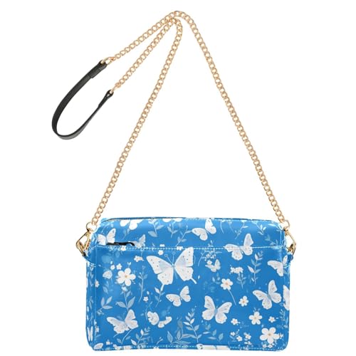 KLL Kleine Umhängetasche für Damen, Motiv: blaue Schmetterlinge und Blumen, veganes Leder, lässige Geldbörse, Cross-Body-Reißverschluss, Schultertasche von KLL