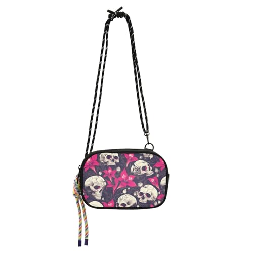 KLL Kleine Umhängetasche mit Totenköpfen für Herren, mit Kreditkartenfächern, kleine Umhängetasche, Motiv: Lilienblüten, dunkler Stil, kleine Umhängetaschen, Datum von KLL
