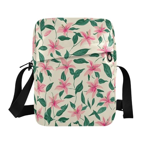KLL Kleine Umhängetasche mit rosa Blumen und grünen Blättern, Ditsy-Druck, veganes Leder, Herren-Umhängetasche, lässige Schultertasche für Damen von KLL