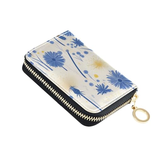 KLL Kleines Kartenetui aus Leder mit Löwenzahn-Blumenmotiv, mit RFID-blockierendem Kreditkartenetui mit Reißverschluss, Blau / Weiß von KLL