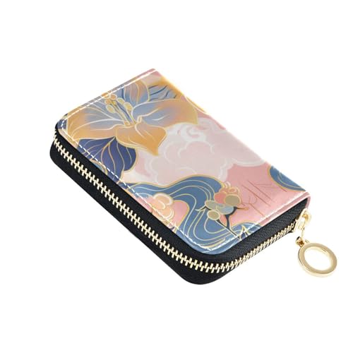 KLL Kleines Kreditkartenetui aus Leder mit chinesischem Aquarell-Blumenmuster, mit RFID-blockierendem Kartenhalter für Damen, mit Reißverschluss von KLL