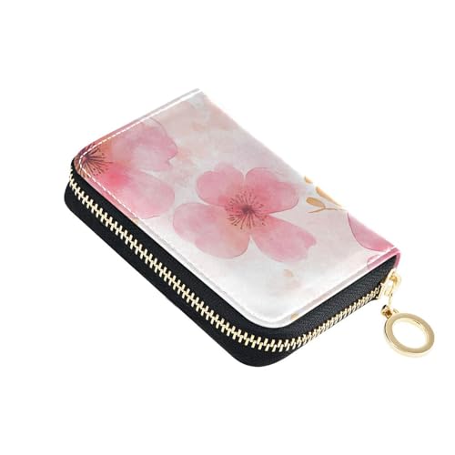 KLL Kleines Kreditkartenetui mit 9 Kartenfächern, RFID-blockierend, mit Reißverschluss, Aquarell-Kunst-Blumen, rotes Leder von KLL