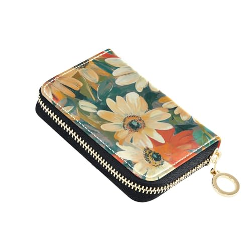 KLL Kleines Portemonnaie aus Leder mit buntem Gänseblümchen-Motiv, mit 9 Kartenfächern, RFID-blockierend, kleiner Kartenhalter mit Reißverschluss von KLL
