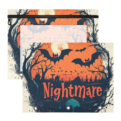 KLL Kosmetiktasche, stabile Aufbewahrungstasche für A4-Papier, Briefe, 2 Stück, Studenten, Klassenzimmer, Albtraum, Halloween, schwarze Fledermäuse, Orange von KLL