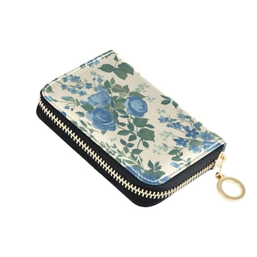 KLL Kreditkartenetui aus Leder im Vintage-Stil mit Blumenmuster und blauen Rosen, mit 9 Kartenfächern, RFID-blockierend, Kartenhalter mit Reißverschluss für Frauen von KLL
