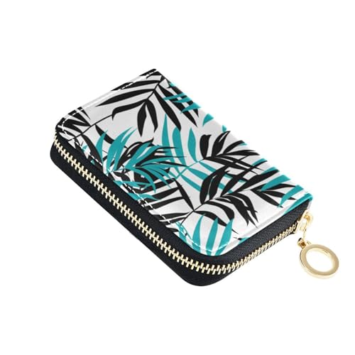 KLL Kreditkartenetui aus Leder mit Palmenblättern, RFID-blockierend, mit Reißverschluss, Blaugrün und Schwarz von KLL
