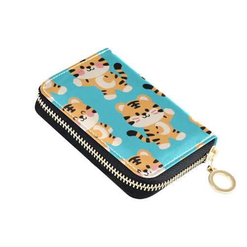 KLL Kreditkartenetui aus Leder mit niedlichem Cartoon-Motiv, gelber Tiger, mit 2 Geldfächern, RFID-blockierend, mit Reißverschluss von KLL