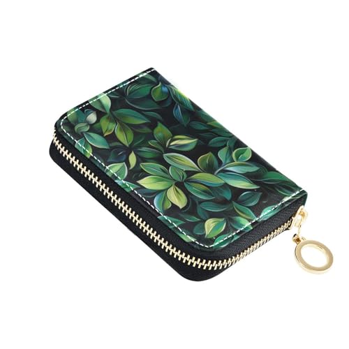 KLL Kreditkartenetui für Damen, Leder, mit 2 Geldfächern, RFID-blockierend, mit Reißverschluss, Grüne Blätter, schwarzer Hintergrund von KLL