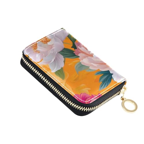 KLL Kreditkartenetui mit Cartoon-Pfingstrosen, Leder, mit RFID-blockierendem Reißverschluss, Orange von KLL