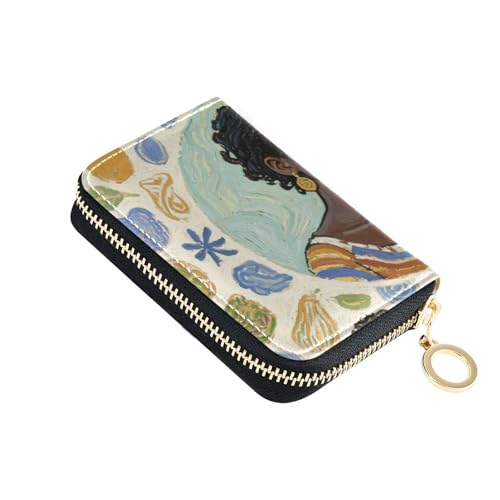 KLL Kunstmalerei Afrikanische Frau Beige Leder Kartenhalter Geldbörse mit 2 Geldfächern RFID blockierend Damen Kreditkartenetui mit Reißverschluss von KLL