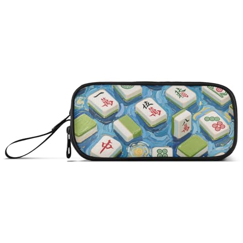 KLL Kunstmalerei blaues chinesisches Mahjong-Nylon-Federmäppchen mit Reißverschluss, großes Fassungsvermögen, Federmäppchen für College-Männer von KLL