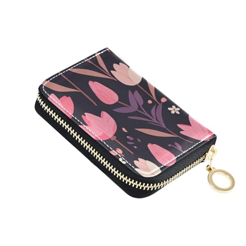 KLL Ledergeldbörse für Karten mit 2 Geldfächern, RFID-blockierend, mit Reißverschluss, Motiv: rosa Blumen und violette Blätter, flach, Illustrationsstil von KLL
