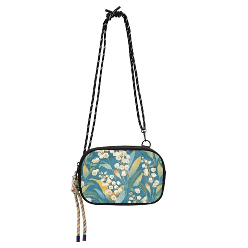 KLL Lily Of The Valley Umhängetasche für Damen, türkisfarbener Hintergrund, schwarz, mit verstellbarem Riemen, schwarze Handtasche zum Einkaufen von KLL