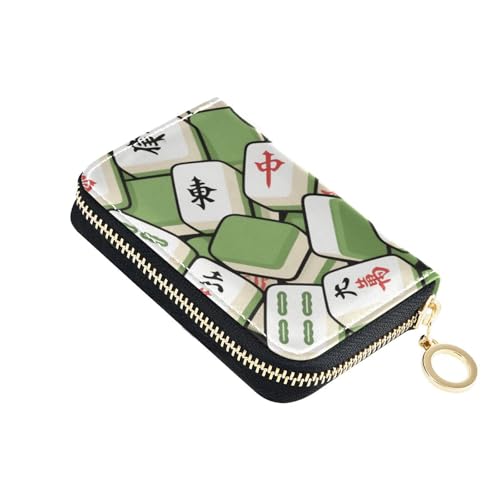 KLL Mahjong Chinesisches grünes Leder-Kartenetui für Damen, mit 2 Geldfächern, RFID-blockierend, Kartenhalter für Herren mit Reißverschluss von KLL