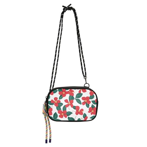 KLL Mini-Umhängetasche für Damen, rote Blumen, grüne Blätter, mit verstellbarem Riemen, Schultertasche, Spaziergang mit dem Hund von KLL