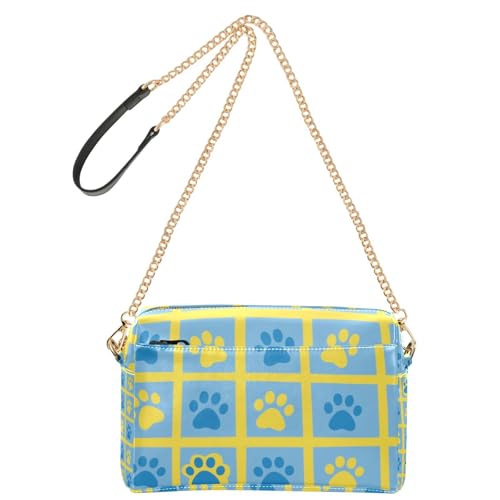 KLL Modische Umhängetasche mit Pfotenabdrücken für Damen, veganes Leder, lässige Geldbörse, Cross-Body-Reißverschluss, Blau und Gelb von KLL