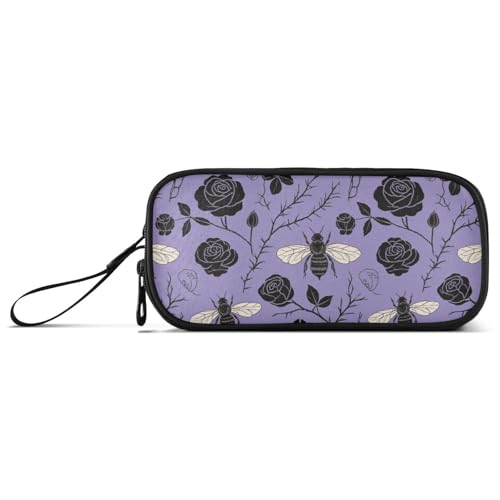 KLL Modisches Federmäppchen aus Nylon, Motiv: schwarze Rose, Biene, Violett, für Teenager, hohe Kapazität, Schule, Schreibwaren für Männer der Mittelschule von KLL