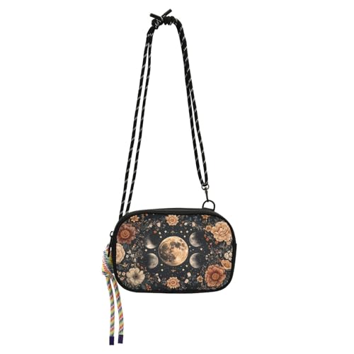 KLL Moon Black Flowers Boho Side Bag Crossbody Men Trendy with Credit Card Slots Small Shoulder Bags Date von KLL